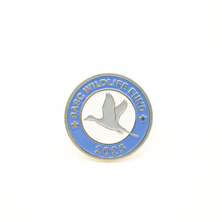 BASC Wildlife Fund 2025 pintail lapel badge with blue enamel border and gold detailing.