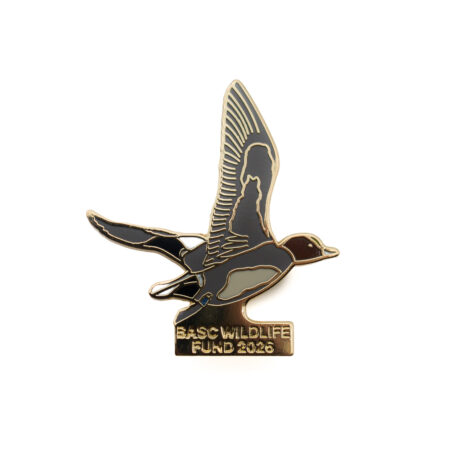 BWF 2026 lapel badge featuring an enamel illustration of a Eurasian wigeon in flight above the text "BASC Wildlife Fund 2026".