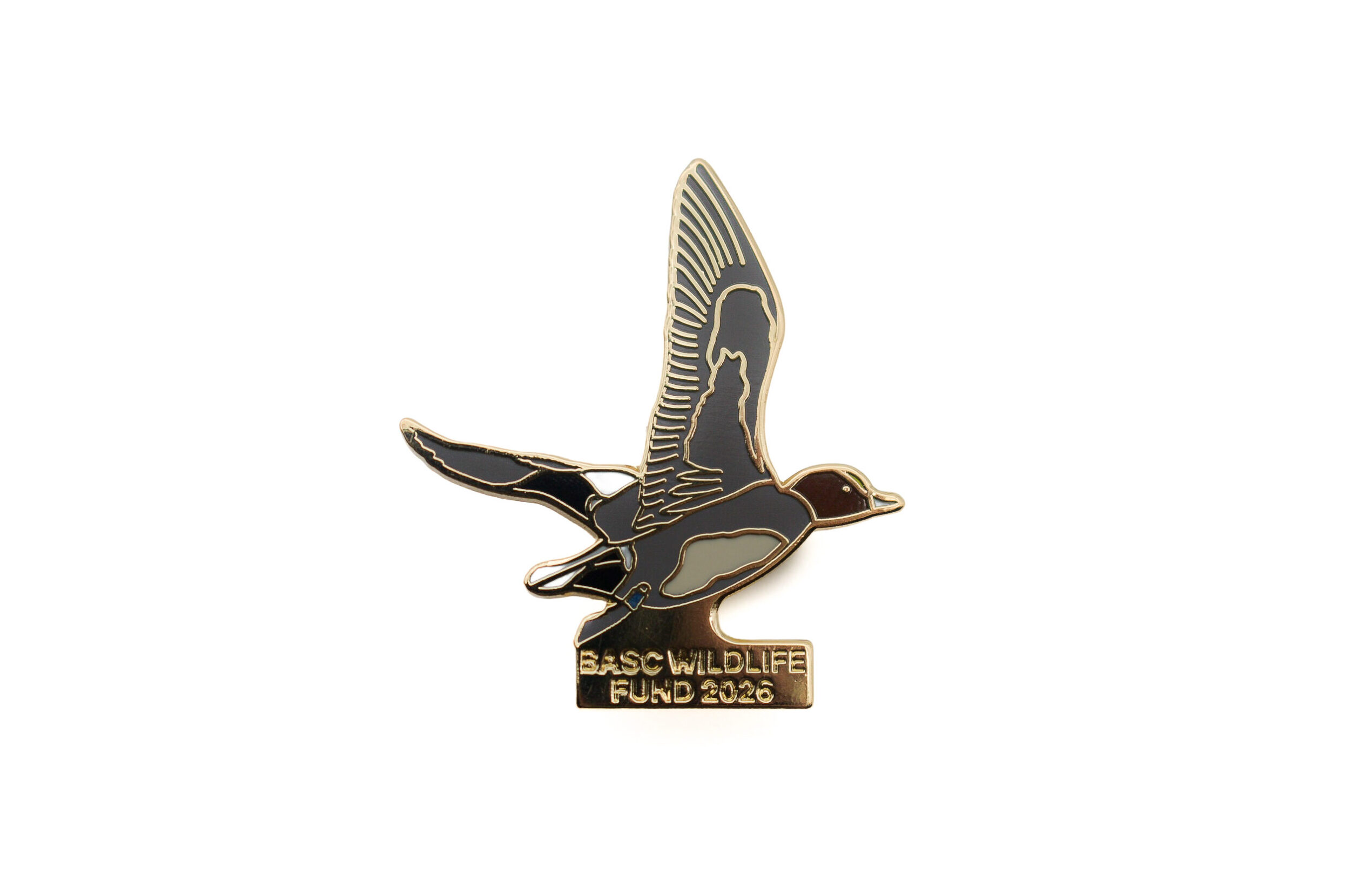 BWF 2026 lapel badge featuring an enamel illustration of a Eurasian wigeon in flight above the text "BASC Wildlife Fund 2026".