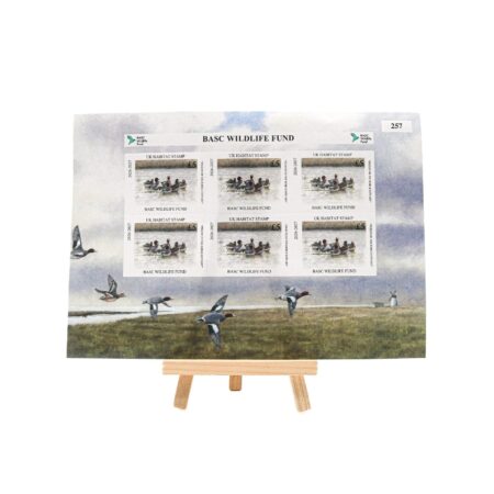 BASC Wildlife Fund mini sheet featuring six UK Habitat Stamp stamps depicting Wigeon on the Ribble Estuary, mounted on a wildlife artwork background showing Wigeon in flight over coastal marshland.